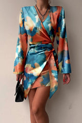 Fashion Patchwork Tie-Dye V Neck Pencil Skirt Dresses(3 Colors)