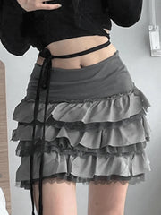 Patchwork Lace Trim Tiered Mini Skirt