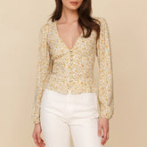 Pydshop Womens Tops And Blouses Fashion Floral Print Blouse Top V Neck Long Sleeve Buttoned Casual Elegant Shirts For Women Vintage