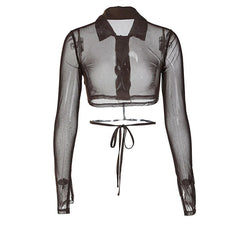 Sheer Mesh Pointed Collar Long Sleeve Crop Shirt- Brown