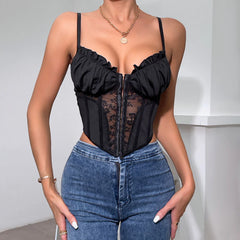 Ruffled Sweetheart Hook And Eye Sheer Lace Crop Corset Top - Black