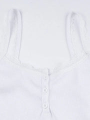 Lace Trim Button-Up Ribbed Crop Cami Top