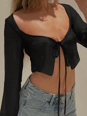 Tie Front Cropped Mesh Long Sleeve Blouse