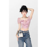 Graduation Gift Summer Women'S Wear Blouse Korean Lace Pink Women Shirt 2023 New Short Sleeve Lace Satin Panel Shirts Sexy Female Cropped Tops