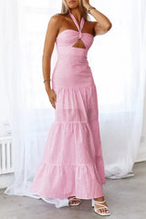 Casual Jacquard Lace Up Halter Long Dresses
