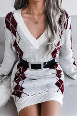 Casual Geometric Split Joint Contrast V Neck Dresses Sweater (Without Belt)