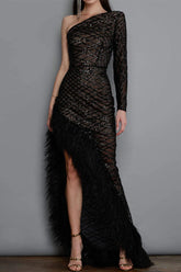 Sexy Party Solid See-Through Feathers Oblique Collar Irregular Dress Dresses