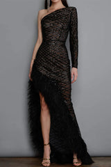 Sexy Party Solid See-Through Feathers Oblique Collar Irregular Dress Dresses