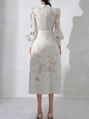 White Lace Puff Sleeve High Waist Slit Dress