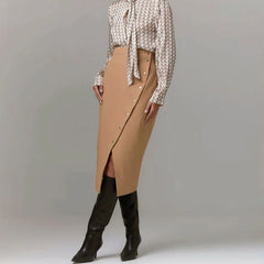 Split Front High Waist Wrap Midi Skirt - Khaki