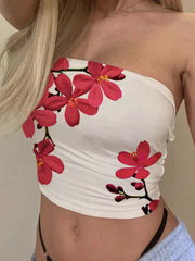 Pydshop Floral Print Strapless Tube Tops Summer Y2K Smocked Crop Tops Women Sexy Slim Fit Off Shoulder Backless Bandeau Tops Streetwear