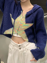 Star Jacquard Zip Up Hooded Knit Cardigan
