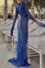 Sexy Solid Frenulum See-Through V Neck A Line Dresses