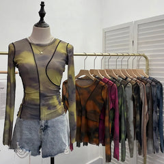 Pydshop Retro Smudged Print Sexy See Through Mesh Bottoming Shirt Slim Long Sleeved Top Y2K T-Shirt Party Leisure Essential Streetwear