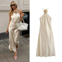 3D Flower Halter Off-The-Shoulder Satin Dress