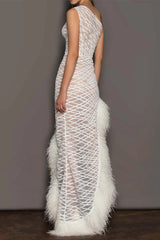 Sexy Party Solid See-Through Feathers Oblique Collar Irregular Dress Dresses