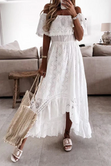 Casual Solid Lace Off The Shoulder Cake Skirt Dresses