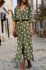 Casual Polka Dot Buckle Slit Turndown Collar Shirt Dress Dresses (Without Belt)(4 Colors)