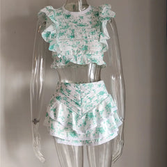 Pydshop High Quality 2023 Sunday Set Elastic Waistband Cropped Top With Ruffle Detail And Cute Ruffle Mini Shorts Skirts