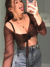 Tie Front Cropped Mesh Long Sleeve Blouse