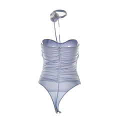 Rosette Trim Mesh Ruched Cutout Tube Bodysuit - Purple