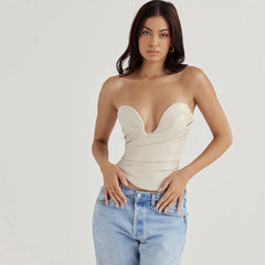 Ruched Deep V Cropped Tube Top - Apricot