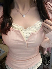 Pydshop Sweet Pink Lace Floral Fake Two Piece T-Shirts Y2K E-Girl Slim Fit Bottoming Tops Women 2024 Summer New O-Neck Tee Shirt