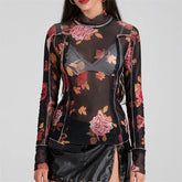 Pydshop Women Floral Print Mesh Top Long Sleeve Mock Neck See Through Tee Lettuce Trim Sheer Shirt Y2K Summer Blouse Top Streetwear