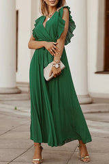 Elegant Solid Flounce Strap Design V Neck Pleated Dresses(6 Colors)