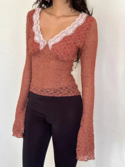 Pydshop Women Spring Fall Lace Top Mesh See Through Long Sleeve Crop Tops Sexy Sheer Deep V Neck Floral Lace Shirt Blouse Y2K Fairy