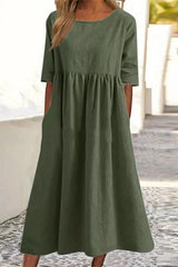 Women'S Casual Solid Half Sleeve Pleated Pocket Cotton Dress(9 Colors)