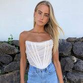 Sheer Style Ruched Strapless Mesh Corset Top - Ivory