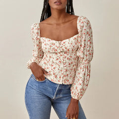 Pydshop Vacation Beach Summer Tops For Women Fashion Elegant Blouses Square Neck Puff Sleeve Blouse Floral Print Long Sleeve Top