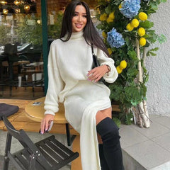 Turtleneck Sweater High Split Midi Skirt Matching Set - White