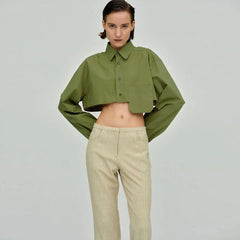 Long Sleeve Pointed Collar Cropped Shirt - Green