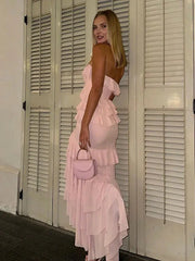 Pink Strapless Ruffle Maxi Dresses