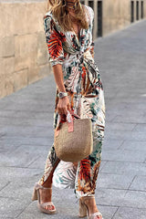 Street Elegant Print Patchwork V Neck A Line Dresses
