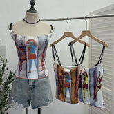 Pydshop Women'S Retro Print Chic Camisole Top Sexy Slim Fit Camisole Short Sleeveless Tube Top 8830 Party Casual Holiday Street Outfits