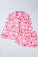 Pink Christmas Santa Claus Print Satin Shirt And Shorts Set