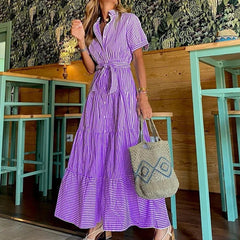Striped Short Sleeve A-Line Maxi Dresses