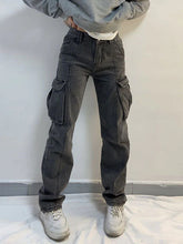 Washed Mid Waist Pocket Cargo Jeans