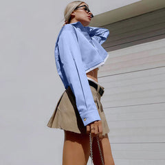 Deconstructed Distressed Trim Long Sleeve Crop Shirt - Blue