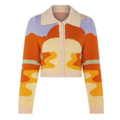 Abstract Sunset Pattern Long Sleeve Cropped Cardigan - Orange