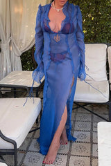 Sexy Solid Frenulum See-Through V Neck A Line Dresses