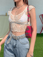 Sheer Lace Short Sleeve Crop Top