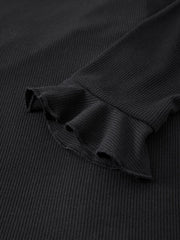 Lace Trim Button Front Black Knit Top