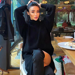 Turtleneck Sweater High Split Midi Skirt Matching Set - Black
