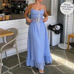 Pydshop Fairy Vintage Outfits Streetwear Elegant Holiday 2 Piece Ruffles Front Tie Up Crop Top Camis + High Waist A-Line Maxi Long Skirt
