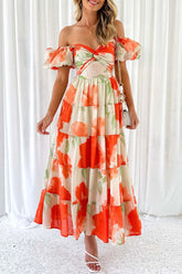 Sweet Elegant Floral Hollowed Out Off The Shoulder Printed Dress Dresses