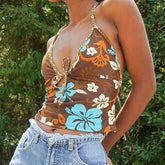 Pydshop Vintage Y2K Bohemian Floral Print Crop Top Summer Beach Style Sexy V-Neck Backless Halter Cami Top Women Aesthetic Streetwear